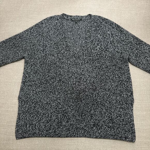 Athleta B&W Marled Knit Deep V Neck Raglan Merino Wool Sweater Side Slits Sz L - Picture 1 of 7